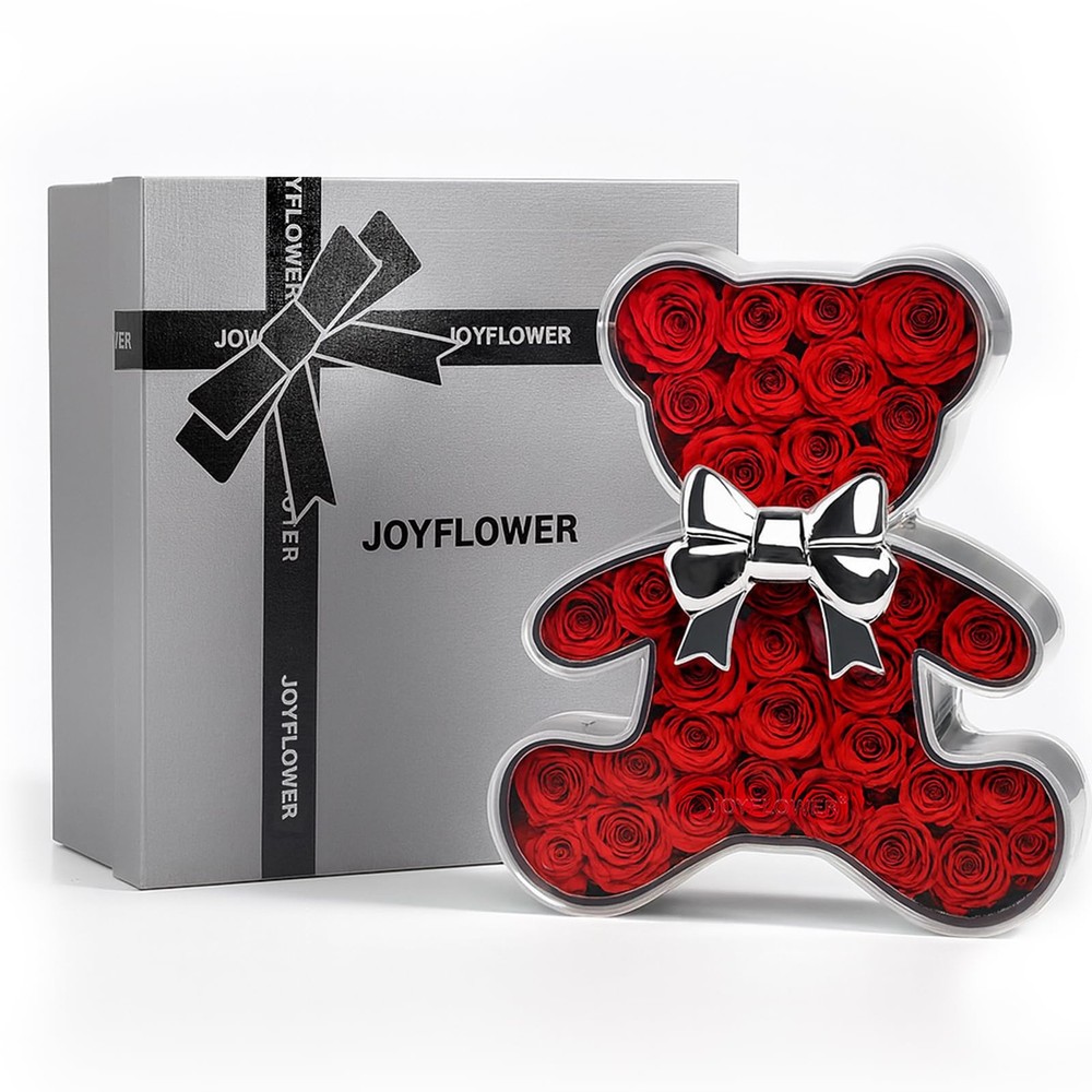 JoyFlower Preserved Roses Bear Gift for Women, Romantic Eternal Flowers Red