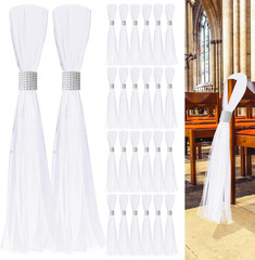 26 Sets Large White Pew Bows Tulle Wedding Aisle Chair Decorations, Extended Chu