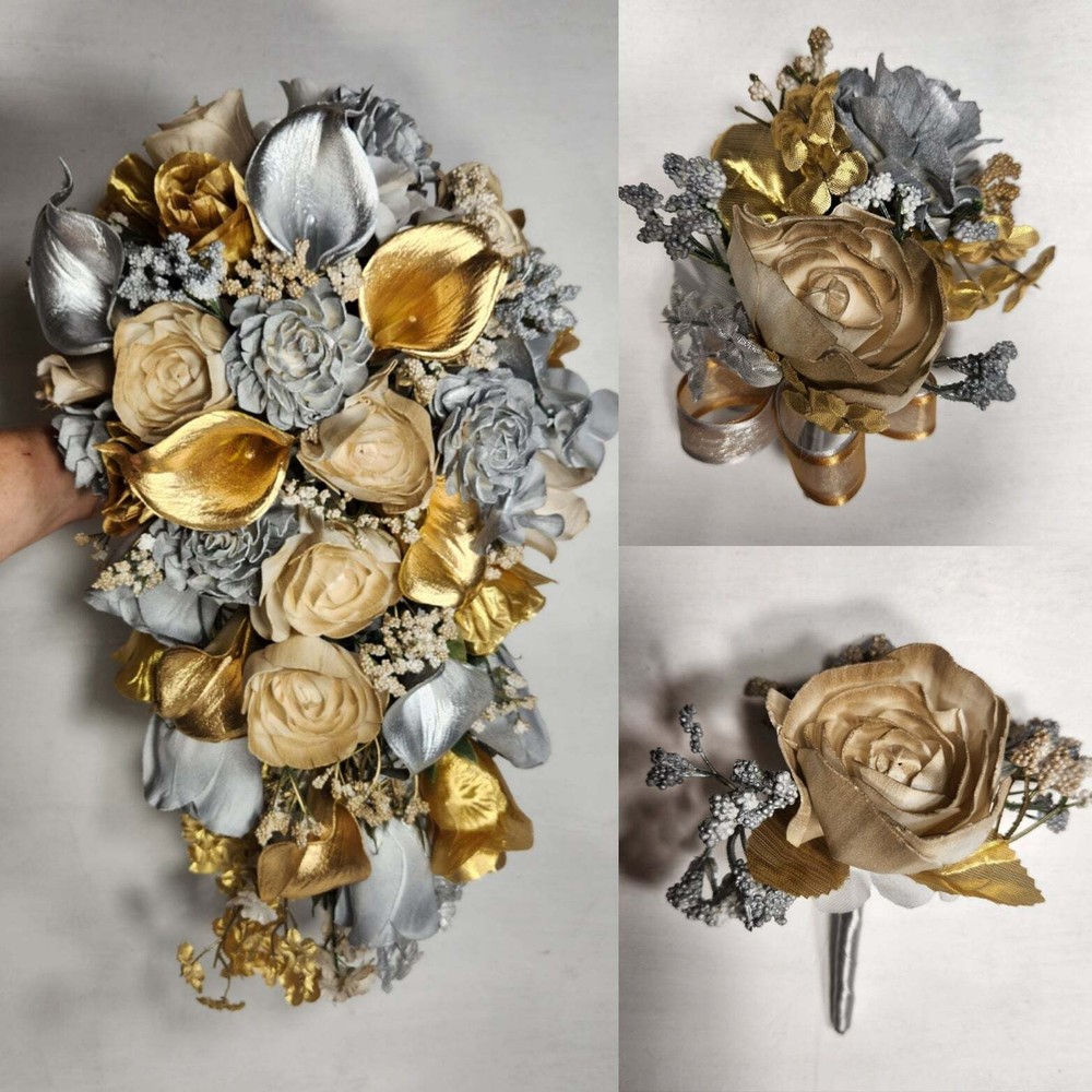 Silver Gold Rose Calla Lily Real Touch Bridal Wedding Bouquet Accessories