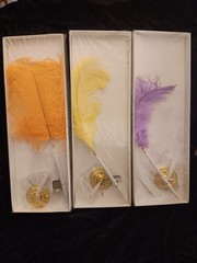 3 New Ballpoint Ostrich Feather Pen Plume Purple Yellow White Gold Stand Wedding