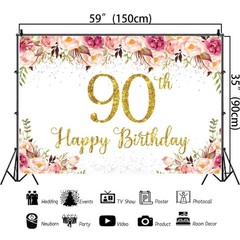 5x3Ft Happy 90th Birthday Backdrop for Women Floral Rose Happy Birthday Banne…