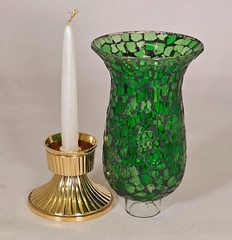 Candle Holder Brass with Green Mosaic Glass Shade 5″Dia 10″High Set of 2