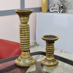 Handmade Wood Traditional Medium Polish Set Of Two Pillar Candle Holder BBH Home