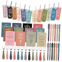 12set/48pcs Inspirational Gifts Bulk, 24 oz Plastic Cups and Pens Notebooks