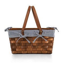 Kansas Handwoven Wood Picnic Basket Navy Blue & White Stripe