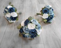 Dusty Blue Navy Rose Bridal Bouquet White Wedding Flowers Eucalyptus Bridesmaid
