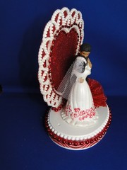 New Medium Dark skin Bride & Groom Wedding Cake Top, red decor & heart, #329