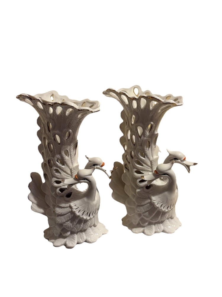 Table Centerpieces White Porcelain Swan Vase Planters Pierced Reticulate Design