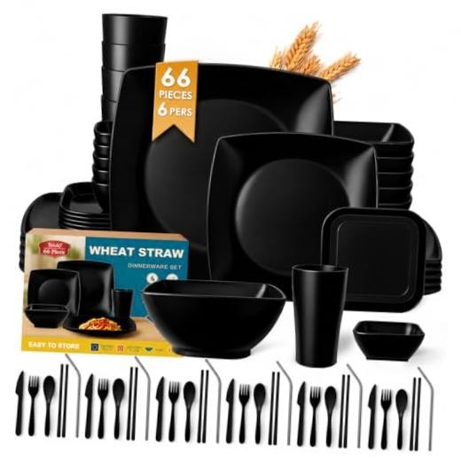 66-piece With Flatware Plastic Kitchen Wheat Straw Square Dinnerware Set Black