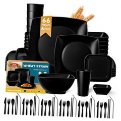 66-piece With Flatware Plastic Kitchen Wheat Straw Square Dinnerware Set Black