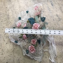 Vintage Shabby Chic Heart Wedding Bouquet Lace Green Ribbon & Pink Roses Wrist