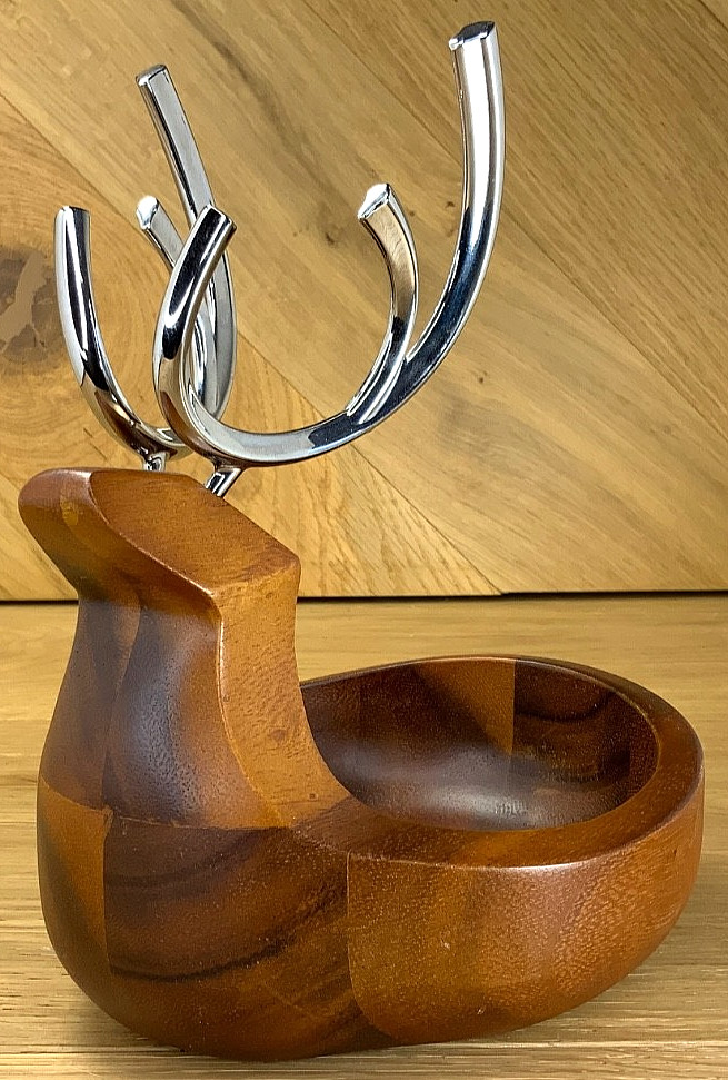 Nambe Holiday Reindeer Dish Bowl MT0887 Acacia Wood Alloy Antlers