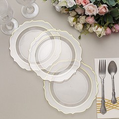 30 CLEAR 8″ Round Plastic Dinner Plates GOLD Scalloped Rim Events Wedding