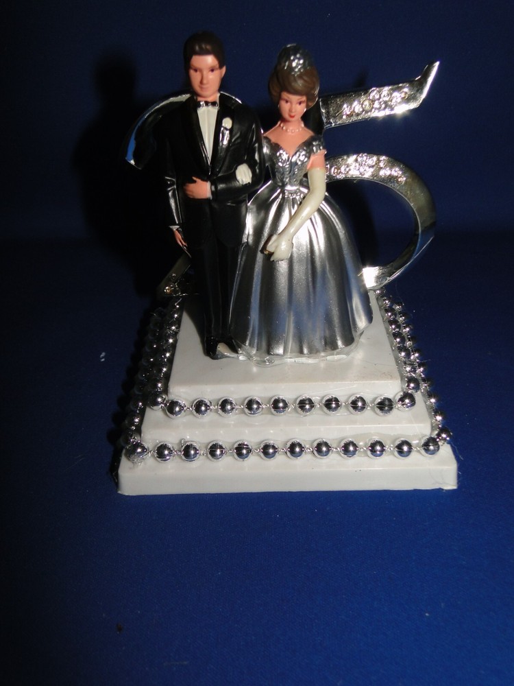 New Elegant 25th Wedding Anniversary caketop with Bride & Groom in Silver #34