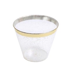 25 CLEAR 9 oz Glittered PLASTIC CUPS Gold Rim Party Events Decorations Supples