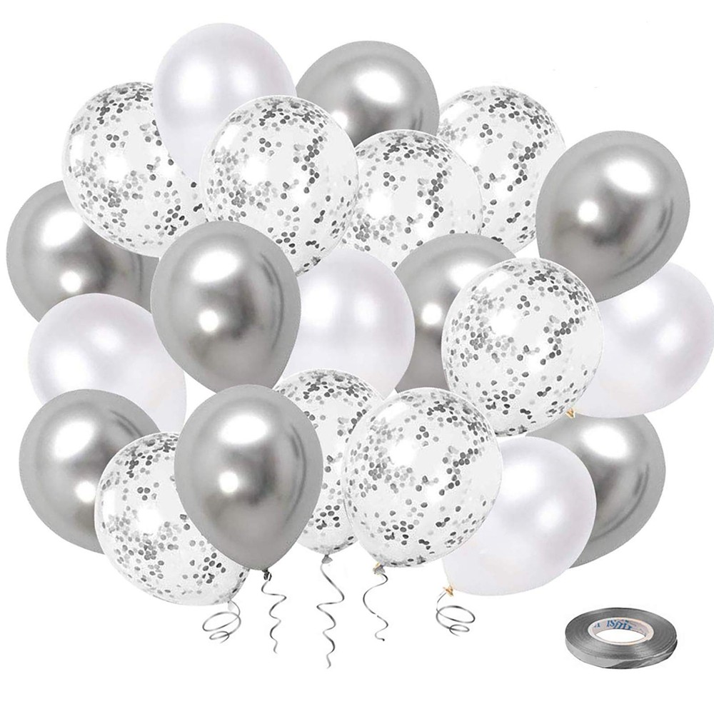 White Silver Confetti Latex Balloons, 50 12 Inch (Pack of 50),