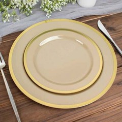 TAUPE10 Round 7″ Plastic SALAD PLATES Gold Rim Party Events Tableware
