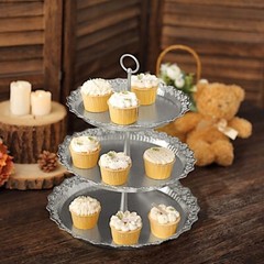 15″ Metallic Silver 3 Tier Plastic Cupcake Stand Round Tower Lace Cut Trim Party