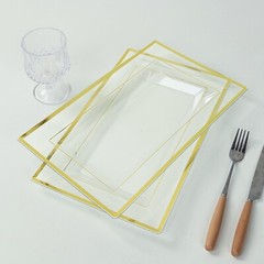10 CLEAR GOLD Rectangular Plastic Serving Trays with Gold Rim Party Decorations