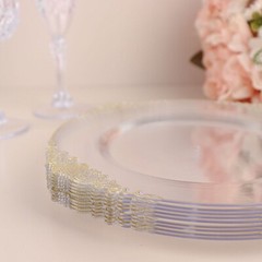 10 CLEAR GOLD 8″ Round Plastic Salad Dinner PLATES Embossed Baroque Rim Party