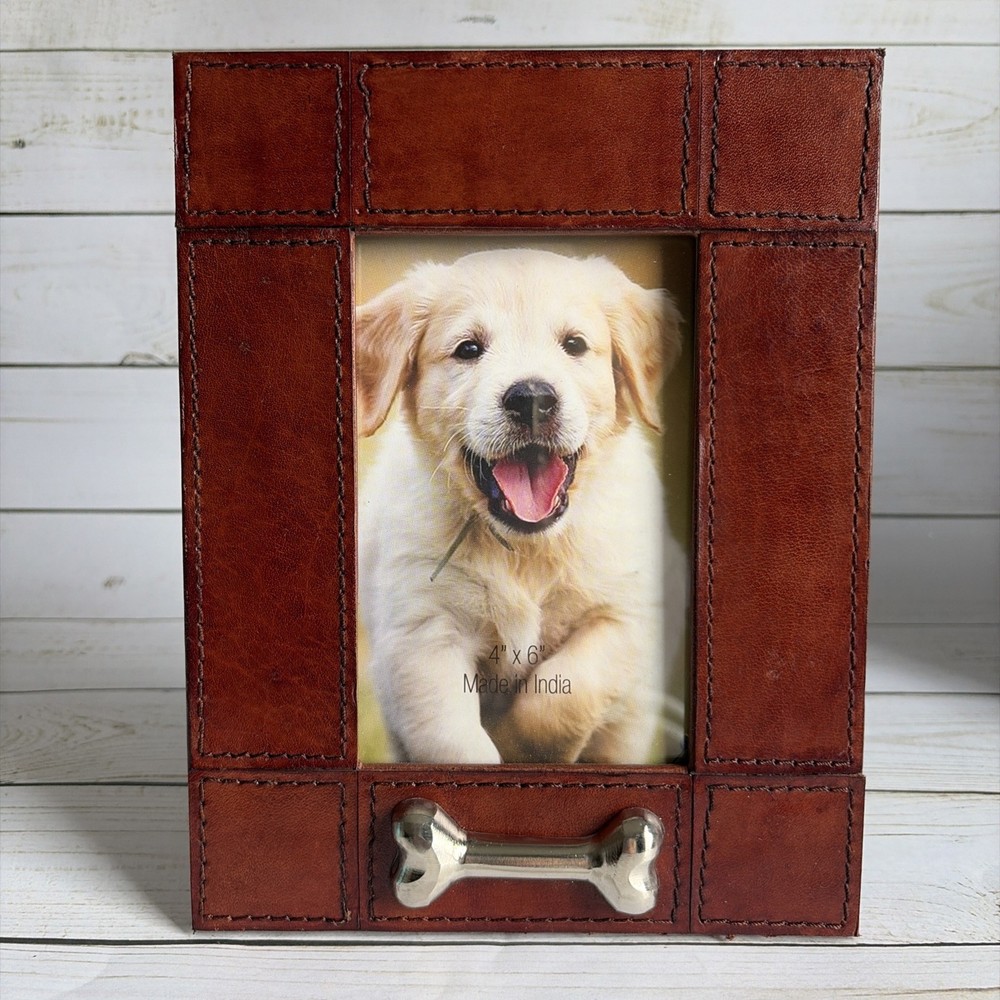 Pre-owned Huntley Leather Pet Dog Picture Frame w/Silver Bone Accent Excellent