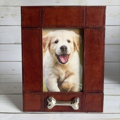 Pre-owned Huntley Leather Pet Dog Picture Frame w/Silver Bone Accent Excellent