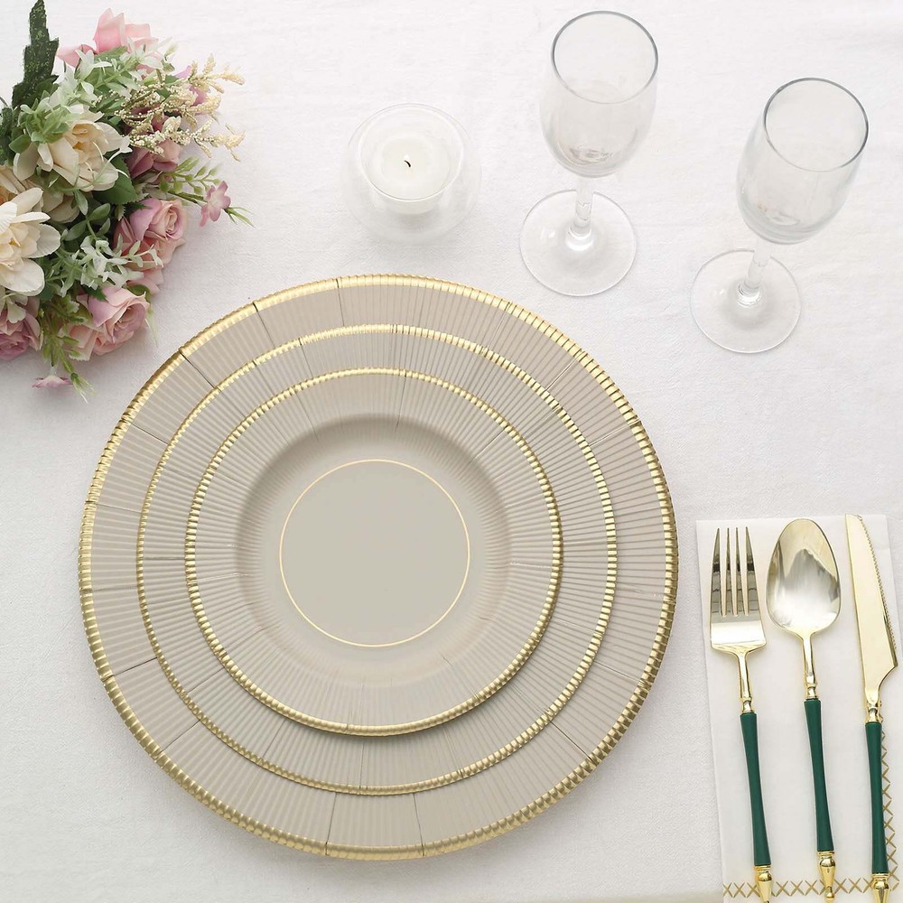 TAUPE 25 Round 13″ PAPER CHARGER PLATES Metallic Rim Party Events Tableware