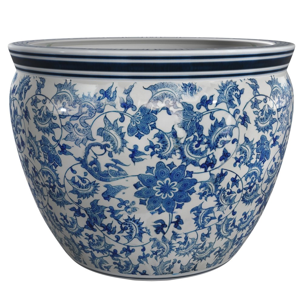 Red Lantern 14″ Floral Blue & White Porcelain Fishbowl Planter or Cachepot fo…