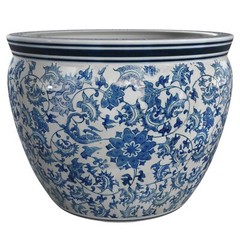 Red Lantern 14″ Floral Blue & White Porcelain Fishbowl Planter or Cachepot fo…
