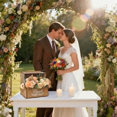 Brown Rustic Wooden Wedding Gift Card Box Money Holder With Flower Trough