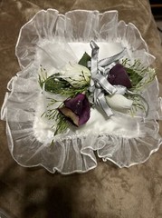 Wedding Ring Pillow & Rose Petals (white, purple & silver) with Diamond Confetti