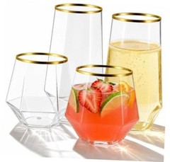 48 Pack Plastic Glasses – 24 x 9oz Stemless Champagne Flutes & Gold Rim Diamond