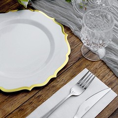 10.5″ White Round Dinner Plates With Gold Scalloped Rim Wedding Tableware
