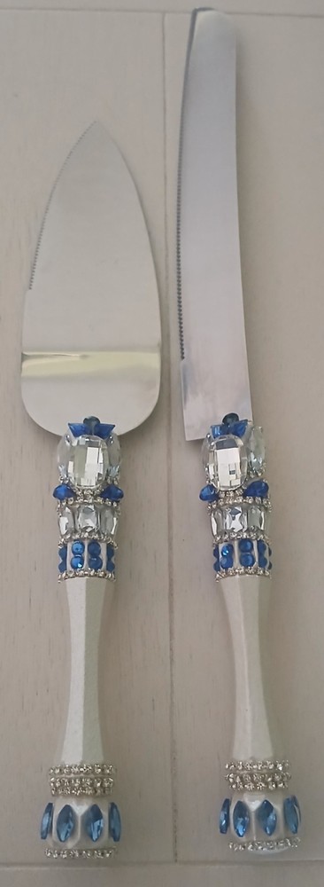 Beaded Stainless Steel Cake Serving Set 2 Piece Blue and White Tableware