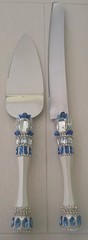 Beaded Stainless Steel Cake Serving Set 2 Piece Blue and White Tableware