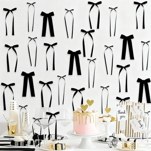 Bow Party Decorations, Satin Ribbon Bows Wall Decor Backdrop Kit, 40PCS Black