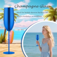 Stainless Steel Champagne Flutes Set of 2-Unbreakable Metal Long Stem Blue