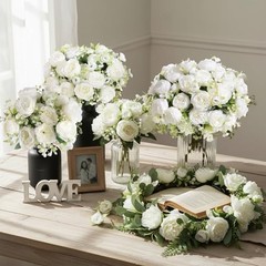 White Artificial Flowers Bouquet – 24 Bundles – Lifelike Silk Peonies