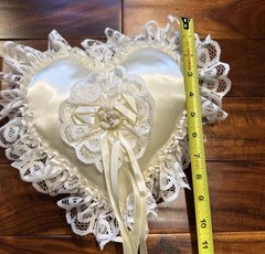 Ring Bearer Pillow Heart Lace Satin Ribbon Ceramic Flower Floral w/ Box