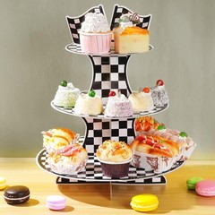 Racing Car 3 Tier Cupcake Stand Black White Checkered Dessert Display Tower