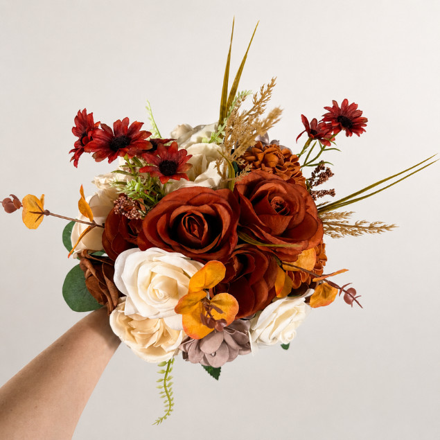 Terracotta Ivory Rose Bridal Bouquet Bridesmaid Boutonniere Bud Vase Wedding Set