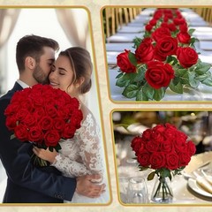 50 PCS Fake Roses, Artificial Flowers Bulk Realistic Silk Faux Rose 50 Pcs Red