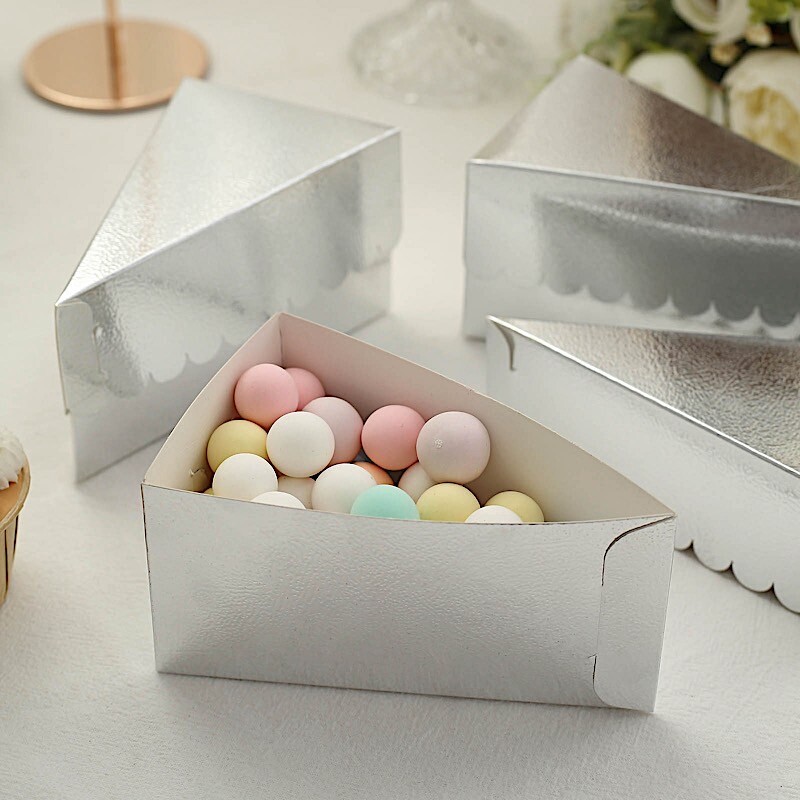 SILVER 10 Triangle 5″ x 3″ Cake Slice Paper BOXES Scalloped Top Party Decoration