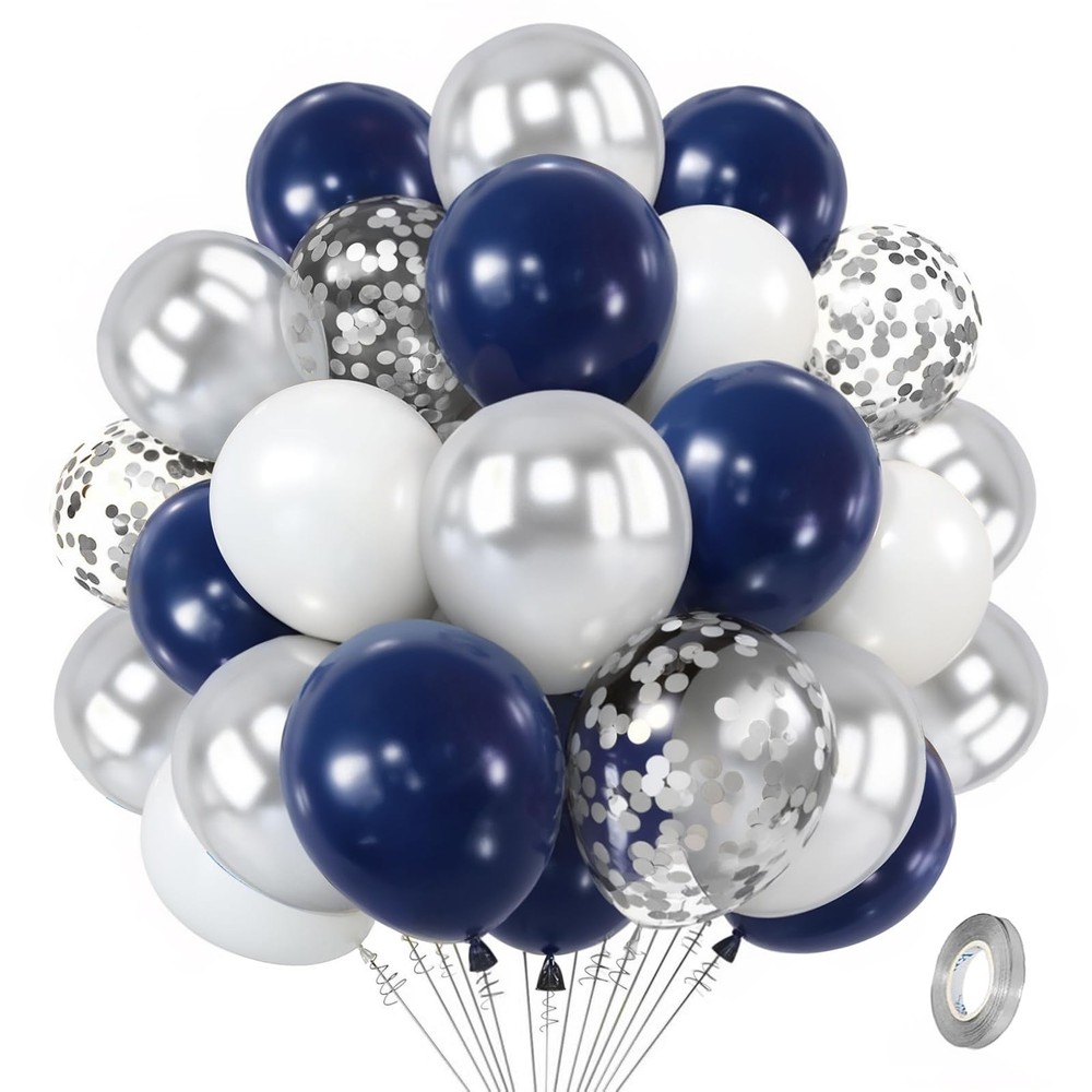 Zesliwy Navy Blue Silver Balloons Kit,50pcs 12inch 12inch, White Sliver