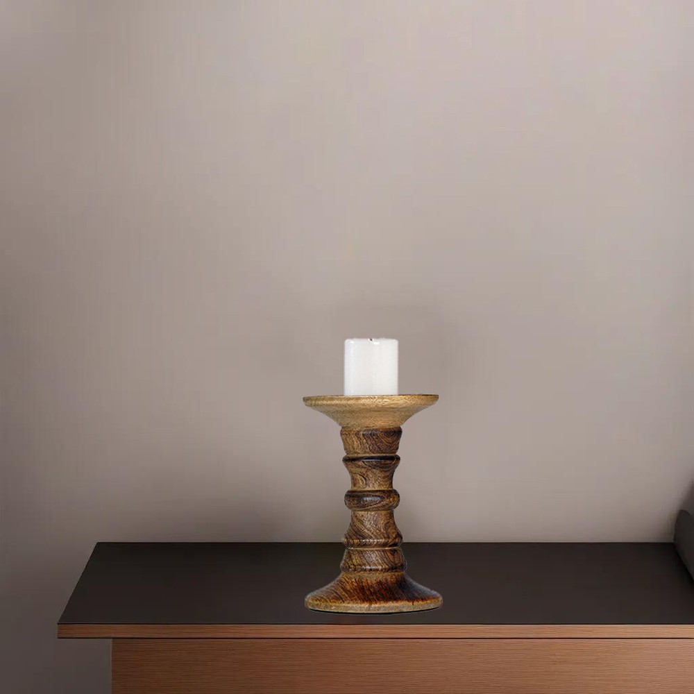 Traditional Medium Burnt Eco-Friendly Handmade Mango Wood Pillar Candle Holder