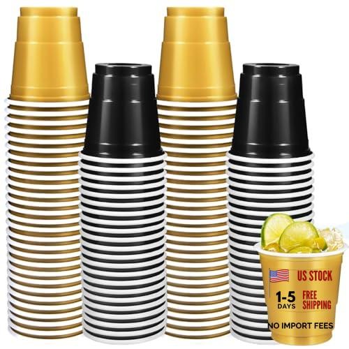 Vumdua 100 Pack 2 oz Plastic Shot Glasses – Disposable Shot Cups – Black & Gold