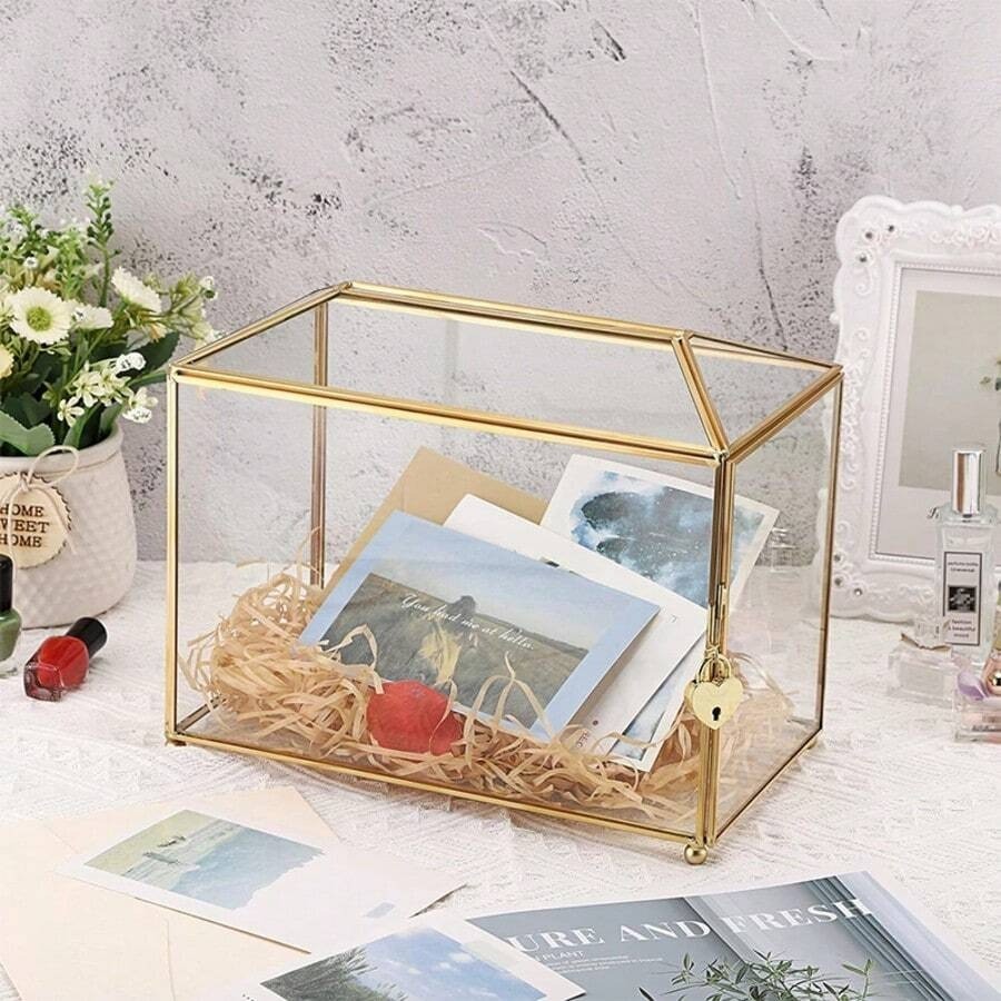 Gold Glass Card Box with Lock 10.2×5.9×8.3 Inches