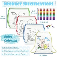 12 PCS Colorable Drawstring Backpack for 12 backpacks and 12 crayons (7 Colors)