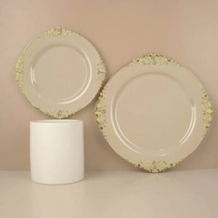 10 TAUPE GOLD 8″ Round Plastic Salad Dinner PLATES Embossed Baroque Rim Party