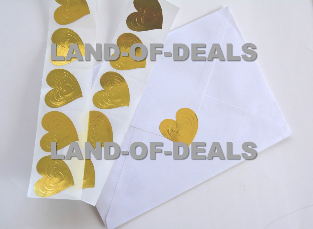 50 Gold Wedding Envelope Seals Sticker Embossed Heart Shape Seal